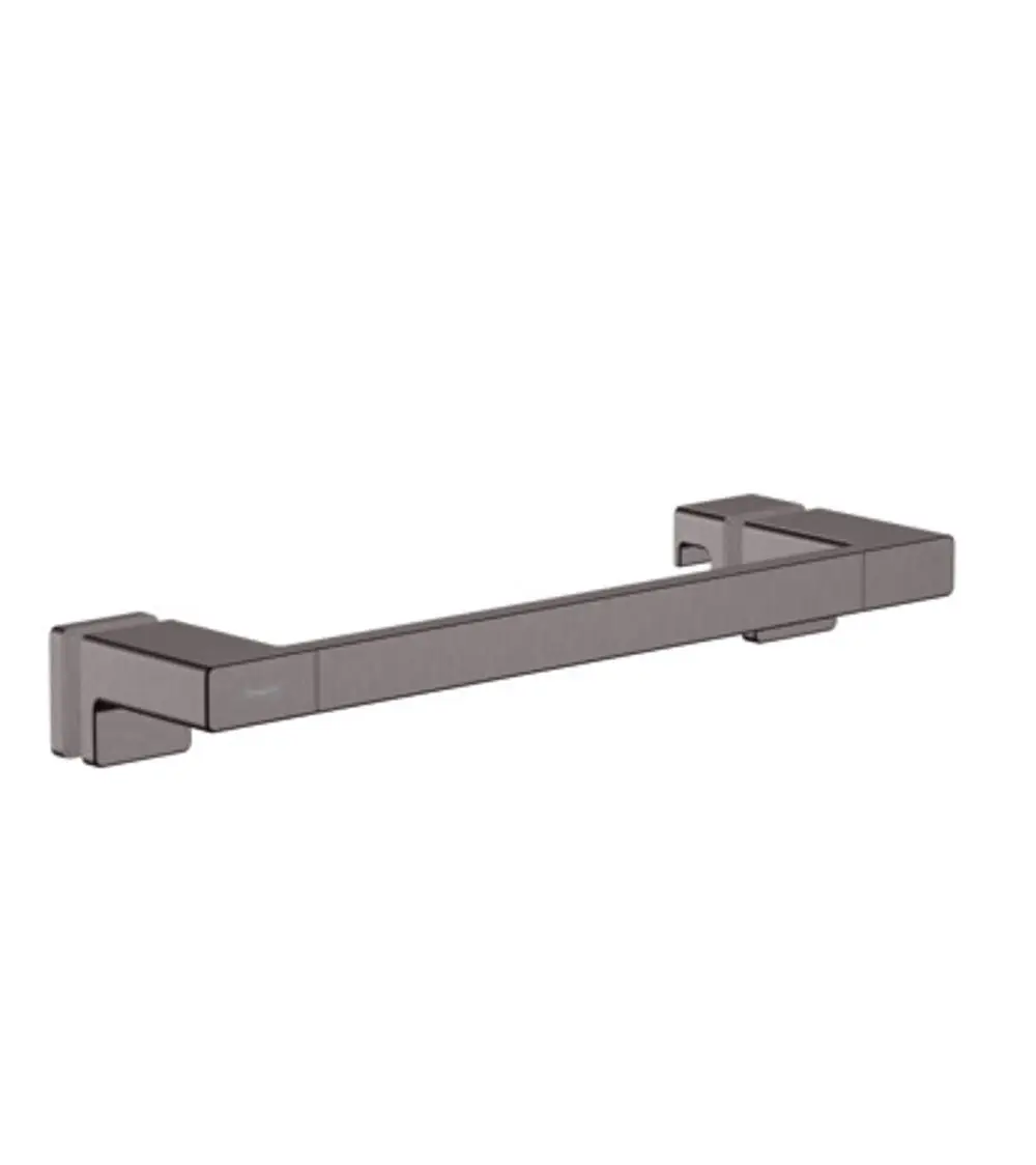 Hansgrohe Duschtürgriff in Brushed Black Chrome, aus rechteckigen Elementen bestehend, montiert an Wänden, bietet eine klare, funktionale Gestaltung.